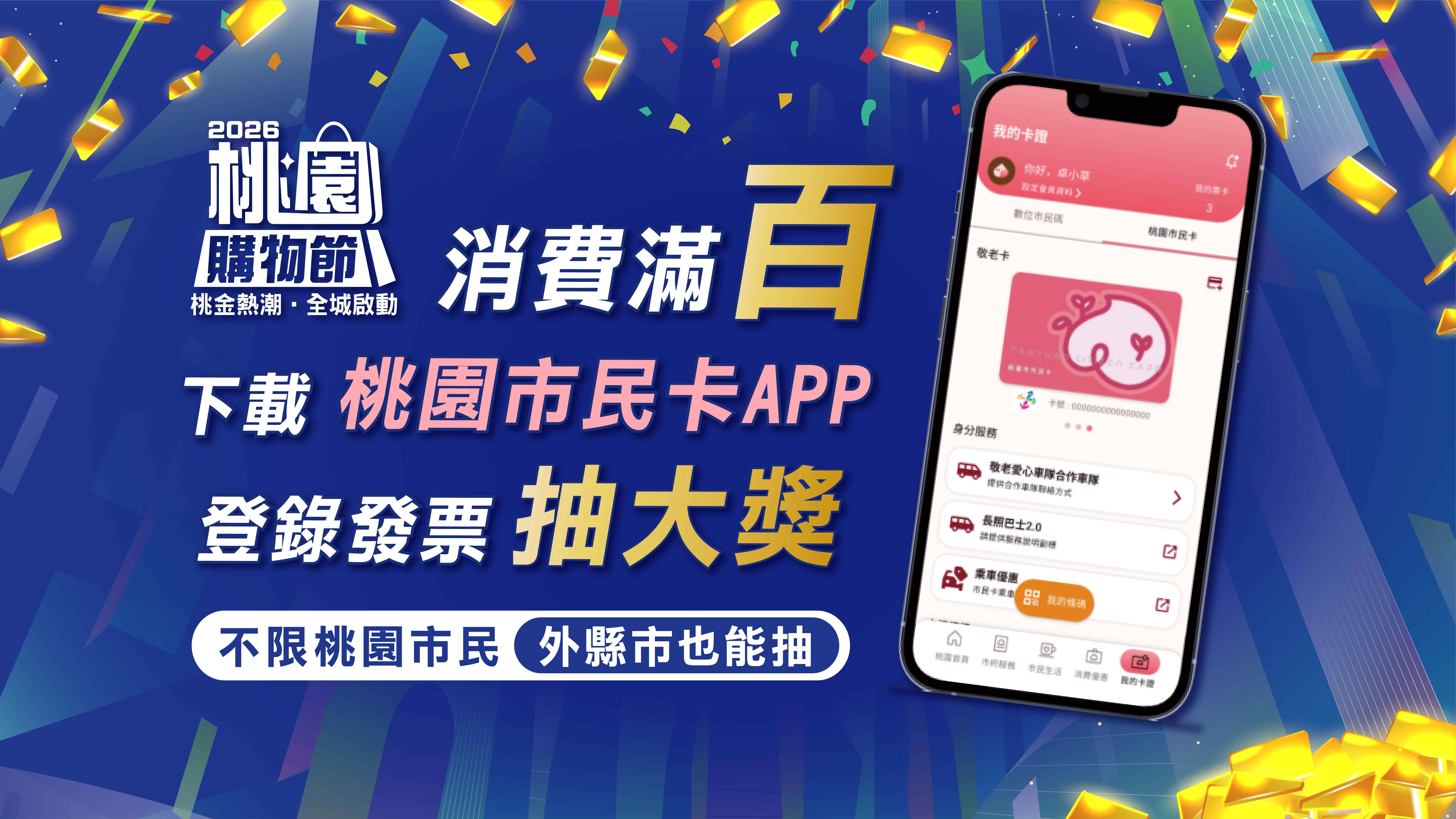 民眾在桃園消費滿100元，透過桃園市民卡APP登錄發票即可參加抽獎，不限桃園市民都能參加，市府也串聯百貨、商圈、市場及特約店家，鼓勵民眾消費、登錄發票。（圖／桃園市政府提供）