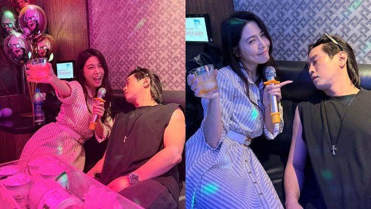 白家綺爆料夫妻倆難得去 KTV 歡唱，老公吳東諺才剛坐定就秒沉睡，讓她哭笑不得合影留念。（圖／<a href='/search/tags/超能飲/' target='_blank'>超能飲</a> 提供）&nbsp;