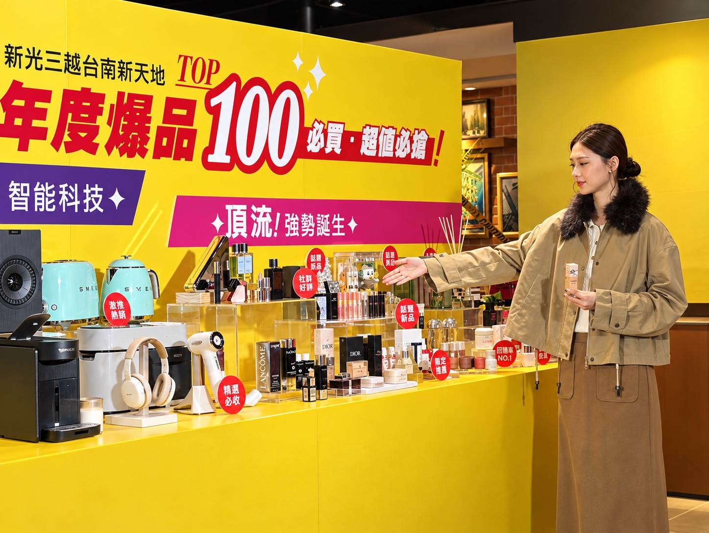 新光三越台南新天地週年慶打造「TOP 100 年度爆品」,精選國際美妝品牌獨家組合與熱銷好物。(圖/新光三越台南新天地 提供)