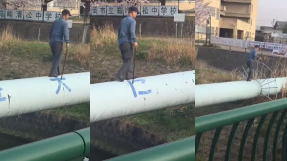 看傻了!「忍者爺爺」過河 絕技輕功「管」上飄