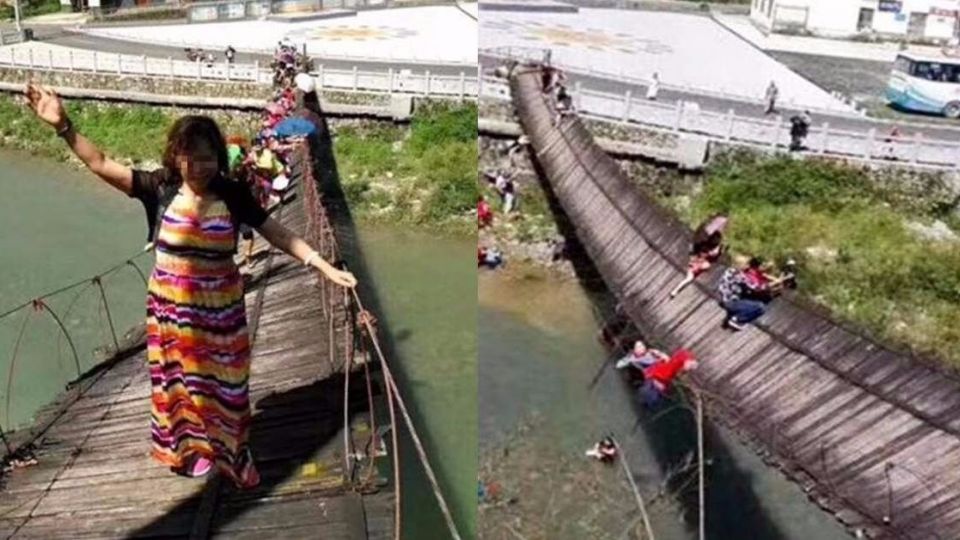 無視警告！大媽張臂踩吊橋 一個搖晃…橋面翻覆15人落水