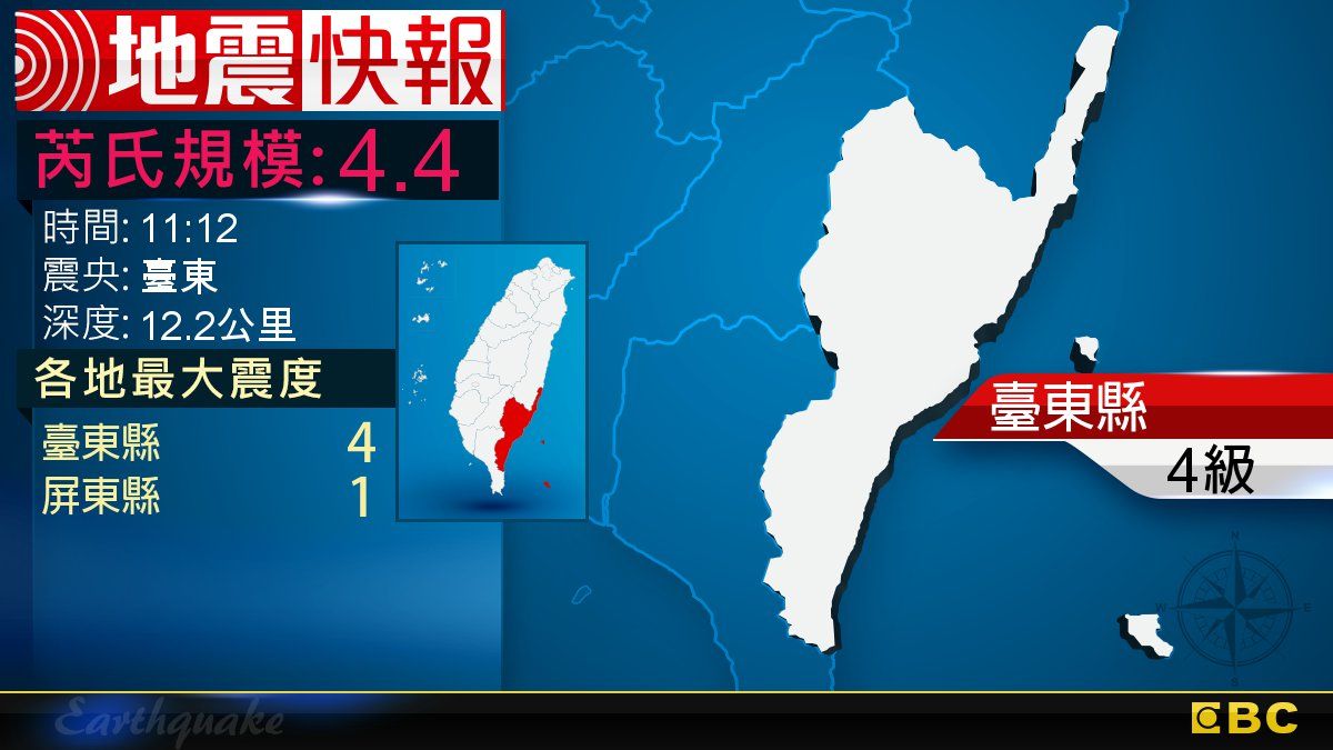 地牛翻身!11:12 臺東發生規模4.4地震